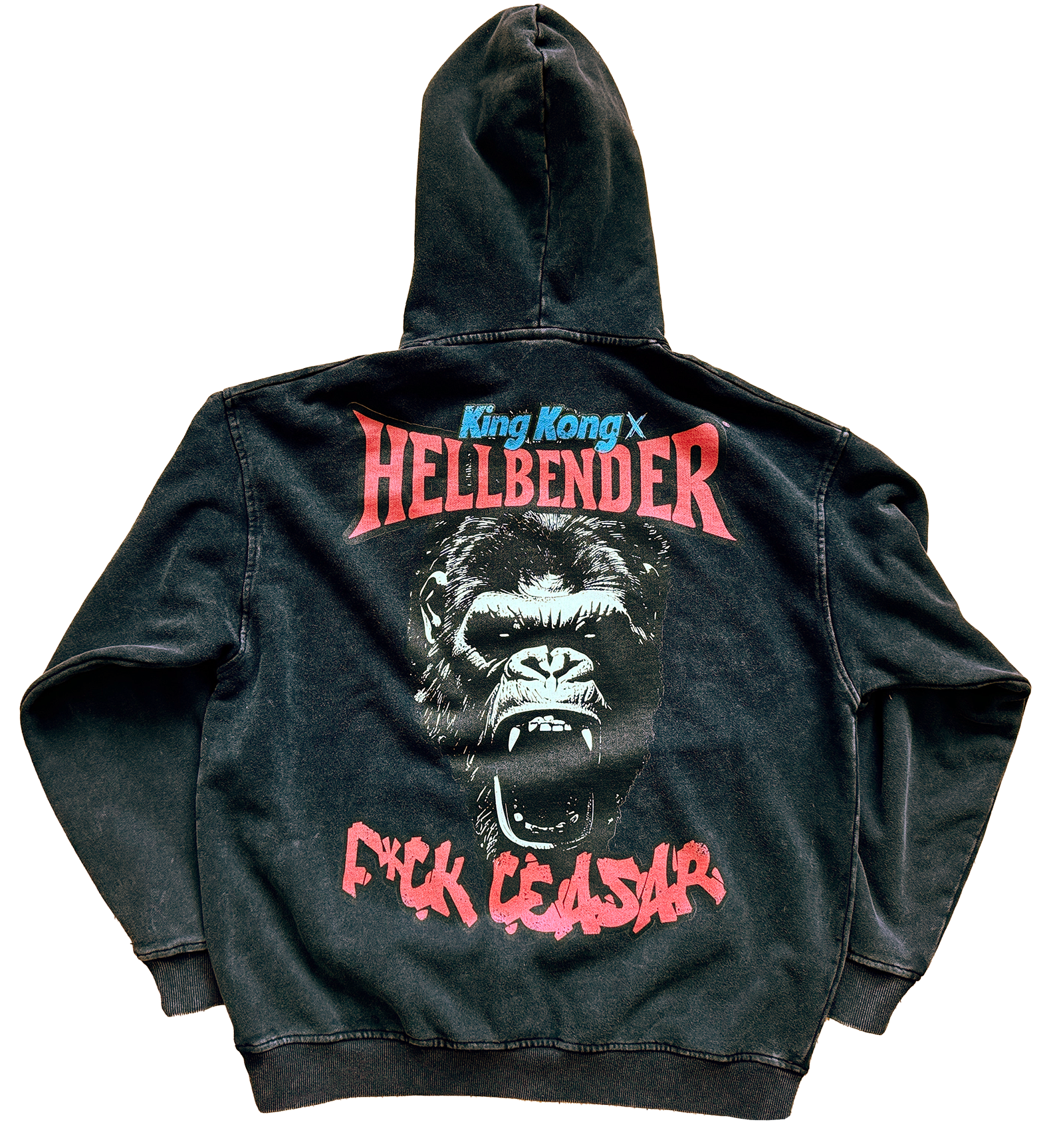 Hellbender® X KING KONG Heavyweight Acid Wash Relaxed Fit Hoodie - FCK Caesar - BLK